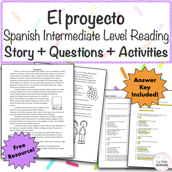 Preview of Spanish School Project Reading Activity with Questions Printable  FREE DOWNLOAD!