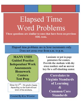 Preview of Elapsed Time Word Problems - Hour Increments  - VA SOL & Common Core