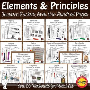 Preview of Elements & Principles of Art Worksheets, Middle,High School Art, Sub Plan 110+