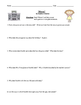 Eleven By Sandra Cisneros Worksheet Or Assessment With Detailed Answer Key