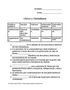 Preview of (Español) Civics and Citizenship Quiz/Worksheet!