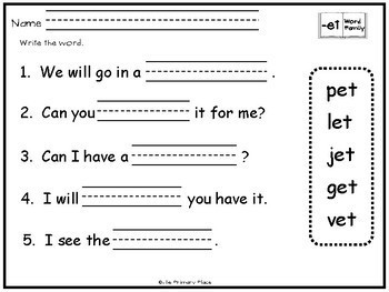 -Et Word Family Printable Worksheets by The Primary Place | TpT