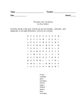 Preview of "Everyday Use" Short Story Vocabulary Word Search Words Only (by Alice Walker)