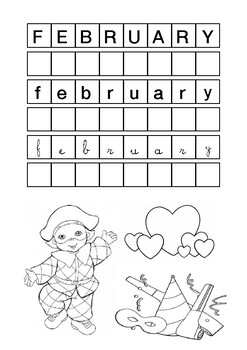 Preview of "FEBRUARY" writing practice worksheet (uppercase, lowercase and cursive)