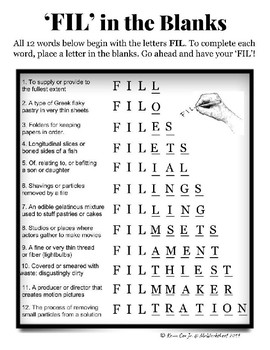Words that begin with 'FIL', 'Fill' in the Blanks Puzzle worksheet