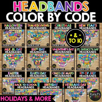 Preview of ⭐FLASH DEAL⭐ Color by Code Headbands BUNDLE Addition and Subtract to 10 | Crowns