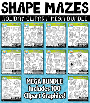 Preview of Holiday Shaped Mazes Clipart Mega Bundle