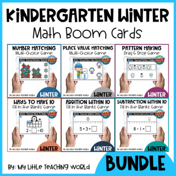 Preview of Kindergarten Winter Math Boom Cards Bundle | Distance Learning
