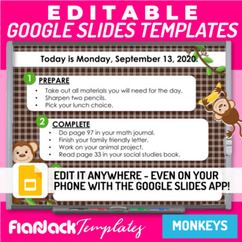 Preview of Editable Morning Work Google Slides PowerPoint Templates | Monkeys