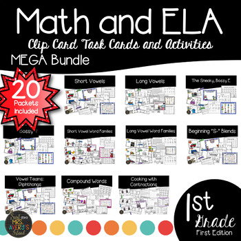 Preview of First Grade Center Activities Clip Card Bundle - Math and Literacy Task Cards