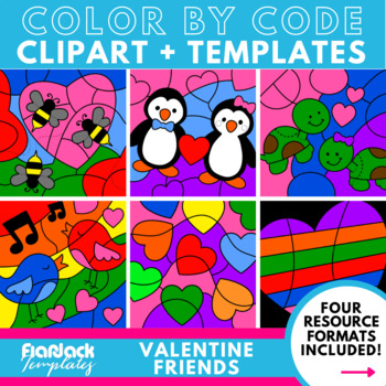 Preview of Valentine Friends Color By Code Clipart + Editable Digital & Printable Templates