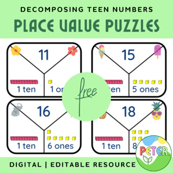 Preview of *FREE* Decomposing Teen Numbers Place Value Puzzles for Math Centers