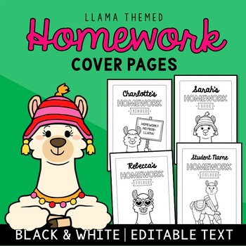 Preview of Editable Homework Binder Cover Page - Llama Theme