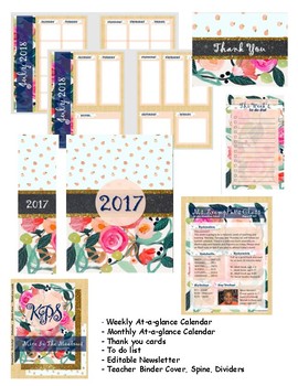 Preview of Floral Pink Blue Teacher Stationary Binder Calendar Newsletter Thank You Card