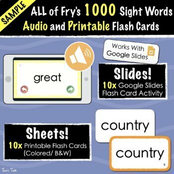 Preview of ✩FREE✩ Fry's First 1000 Sight Words - AUDIO Google Slides and PDF Flash Cards 
