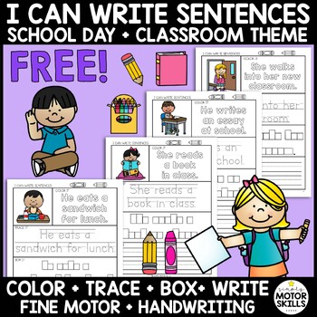 Preview of *FREE* I CAN WRITE SENTENCES - School Theme - Color Trace Box Write