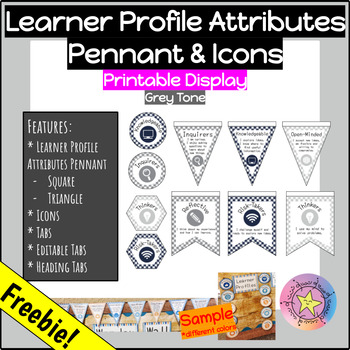 Preview of **FREE** IB PYP Learner Profile Attributes Pennant & Icons (Bulletin Board)