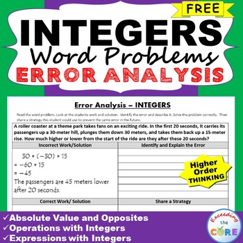 Preview of ~FREE~ INTEGERS Word Problem -  Error Analysis  (Find the Error)