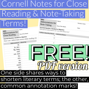 Preview of *FREE!* PDF: Cornell Notes for CLOSE READING, NOTE-TAKING, & ANNOTATIONS!