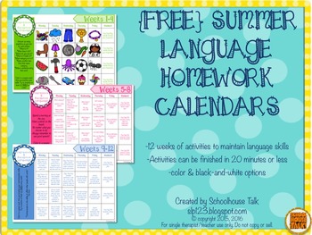 Preview of {FREE} Summer Homework Calendars for Language