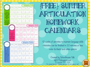 Preview of {FREE} Summer Speech Homework Calendars for Articulation