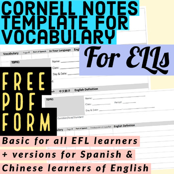 Preview of *FREE* Vocabulary Cornell Notes for English Language Learners! PDF form only