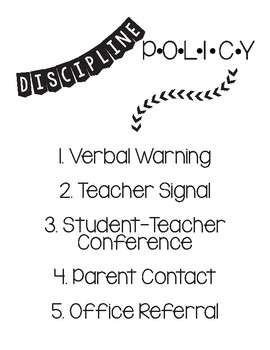 Preview of *FREEBIE* B&W Classroom Discipline Policy Printable
