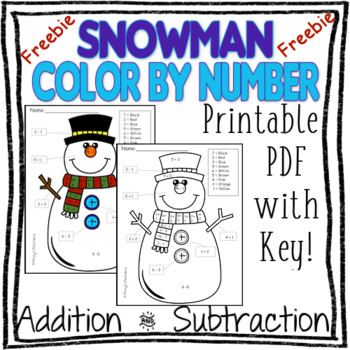 Preview of *FREEBIE!* Winter Snowman Color by Number PDF Worksheet with Key