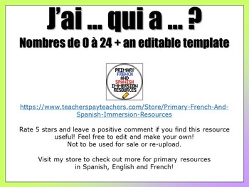 Preview of [FRENCH/FREE] J'ai... Qui a... Les nombres 0-24 + editable template of the game!