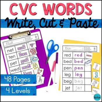Preview of CVC Words Worksheets: No Prep Write Cut and Paste Activities for Word Work