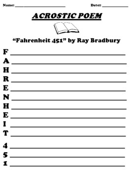 Preview of “Fahrenheit 451” by Ray Bradbury ACROSTIC POEM WORKSHEET