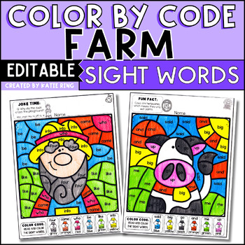 Preview of Farm Color by Sight Word Practice Editable Activities