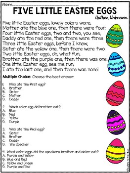 "Five Little Easter Eggs" Poem Reading Comprehension Worksheet, Spring