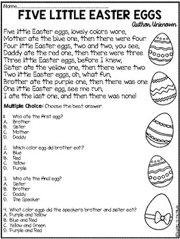"Five Little Easter Eggs" Poem Reading Comprehension Worksheet Spring