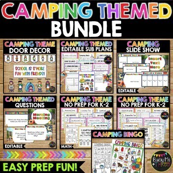 Preview of Camping Themed BUNDLE | Bingo | No Prep Worksheets | Bulletin Board | Fun