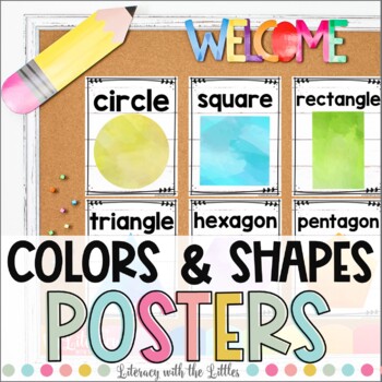 Preview of Colors and Shapes Posters | Watercolor Classroom Decor 2D &3D Shapes