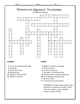 Preview of "Flowers for Algernon" Vocabulary Crossword Puzzle WITH Word Bank - Daniel Keyes