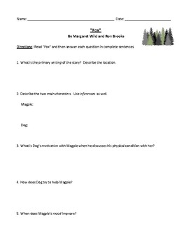 Preview of "Fox" (by Margaret Wild and Rob Brooks): Worksheet or Test and Answer Key