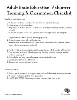 Preview of (Free!) Adult Education Volunteer Training/Orientation Checklist