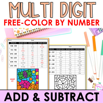 Preview of Freebie MultiDigit Addition and Subtraction Color By Number Worksheets Activity