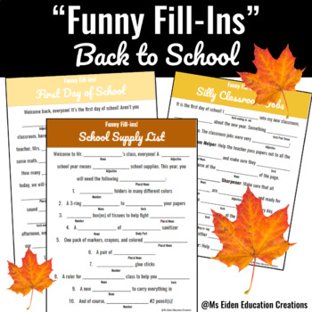 Preview of "Funny Fill-Ins" Back to School - Parts of Speech Practice for a New School Year