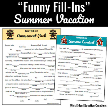 Preview of "Funny Fill-Ins" End of Year - Summer Vacation Themed Parts of Speech Practice