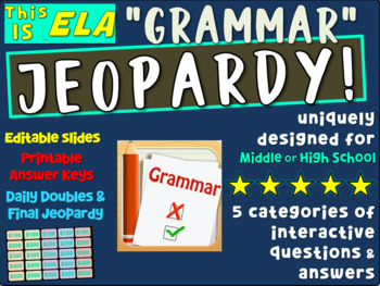 Preview of "GRAMMAR" Middle or High School ELA JEOPARDY! - version 2 of 10