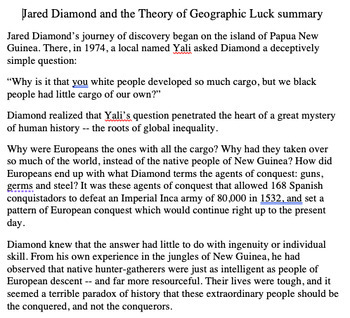 Preview of "Geographic Luck" summary by Jared Diamond with questions and answer key