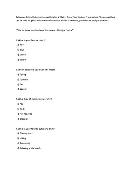 Preview of "Get to Know Your Students" Worksheet - 40 Multiple Choice Questions**