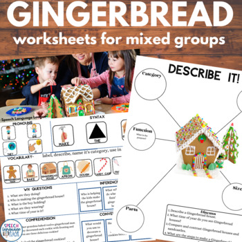 Preview of  Gingerbread No Prep Worksheets Speech Therapy Mixed Groups Christmas Holiday