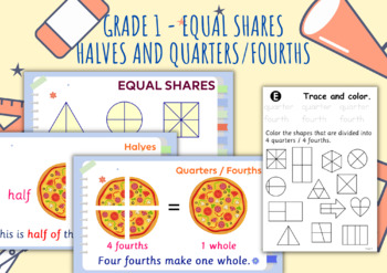 Preview of [Grade 1] Halves and quarters/fourths - PowerPoint lesson and printable practice