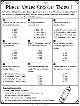 Grade 3 Place Value Choice Boards by Teaching in a Wonderland | TpT