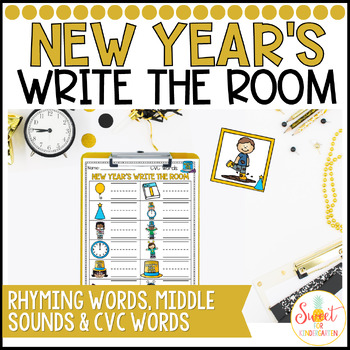Preview of New Years Phonics Write the Room Activity | Middle Sounds CVC Words Rhyming