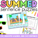 Summer Sentence Puzzles- CVC Words, Digraphs & Blends, CVCe Words